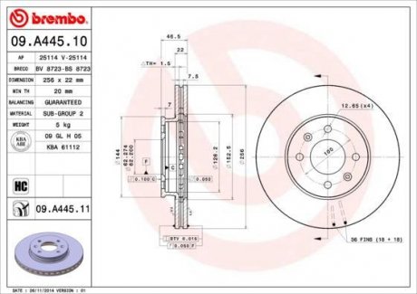 Тормозной диск вентилируемый BREMBO 09.A445.10