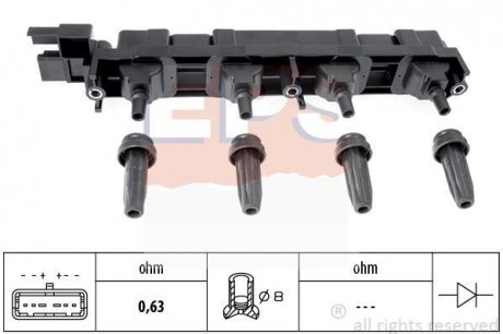 PEUGEOT Катушка зажигания 307 2,0 16V 03-,406 2,2 00-,407 1,8/2,2 04-,606 2,2 00- EPS 1.970.509