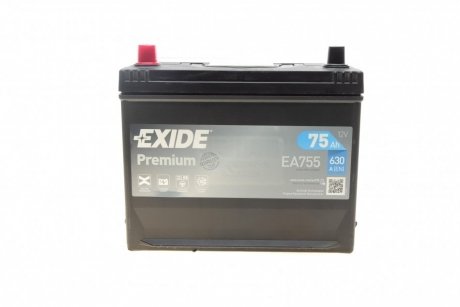 Аккумуляторная батарея 75Ah/630A (270x173x222/+L/B01) Premium Азия EXIDE EA755 (фото 1)