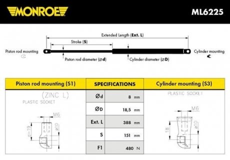 Демпфер дверей капота MONROE ML6225