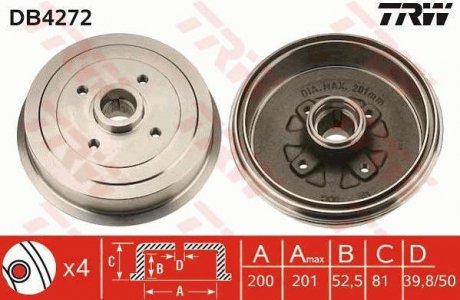 Барабан гальма. daewoo lanos +hub задн. TRW DB4272