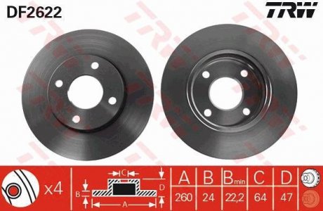 Диск гальмівний (1 шт.) FORD (Europe) Cougar/Mondeo/Mondeo Estate/Wagon/Scorpio TRW DF2622