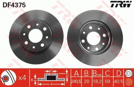 Диск гальмівний (1 шт.) FIAT/FORD 500C/Panda/KA "F D=240,5mm "04>> TRW DF4375