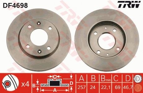 Диск гальмівний (1 шт.) HYUNDAI/KIA Elantra/Matrix/Sonata(YF)/Cerato "F D=257mm "00-15 TRW DF4698