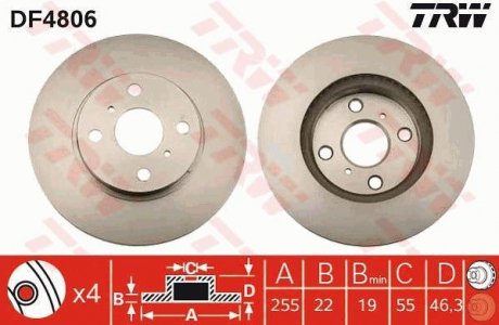 Диск гальмівний (1 шт.) TOYOTA Yaris "F D=255mm "05>> TRW DF4806 (фото 1)