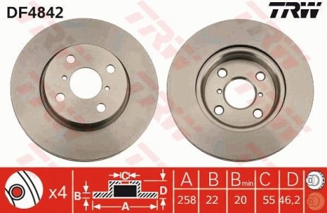 Диск гальмівний (1 шт.) DAIHATSU/TOYOTA Charade/Yaris \'\'F D=258mm \'\'02>> TRW DF4842