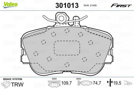 Гальмівні колодки дискові MERCEDES C-Class "1,8-2,8 "F "93-01 Valeo 301013