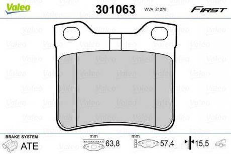 Гальмівні колодки дискові PEUGEOT 406/607 "1,8-3,0 "R "97-05 Valeo 301063 (фото 1)