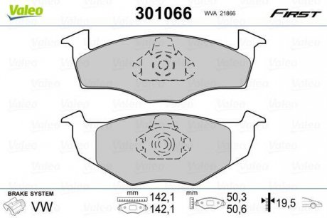 Тормозные колодки дисковые VAG Golf/Polo/Vento/Cordoba "1,0-1,9 "F "86-02 Valeo 301066