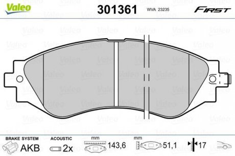 Тормозные колодки дисковые CHEVROLET/DAEWOO Epica/Lacetti/Nubira/Rezzo/Leganza "1,4-2,2 "F "97>> Valeo 301361