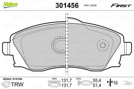 Гальмівні колодки дискові OPEL Combo/CorsaC/Meriva/Tigra "1,0-1,8 "F "00-10 Valeo 301456