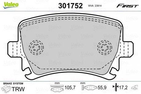 Тормозные колодки дисковые VAG A3/A4/A6/Q3/TT/Octavia/Caddy/CC/Golf/Passat/Touran "1,0-3,6 "R "99>> Valeo 301752