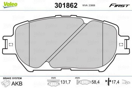 Тормозные колодки дисковые TOYOTA Camry "2,4-3,0 "F "01-06 Valeo 301862